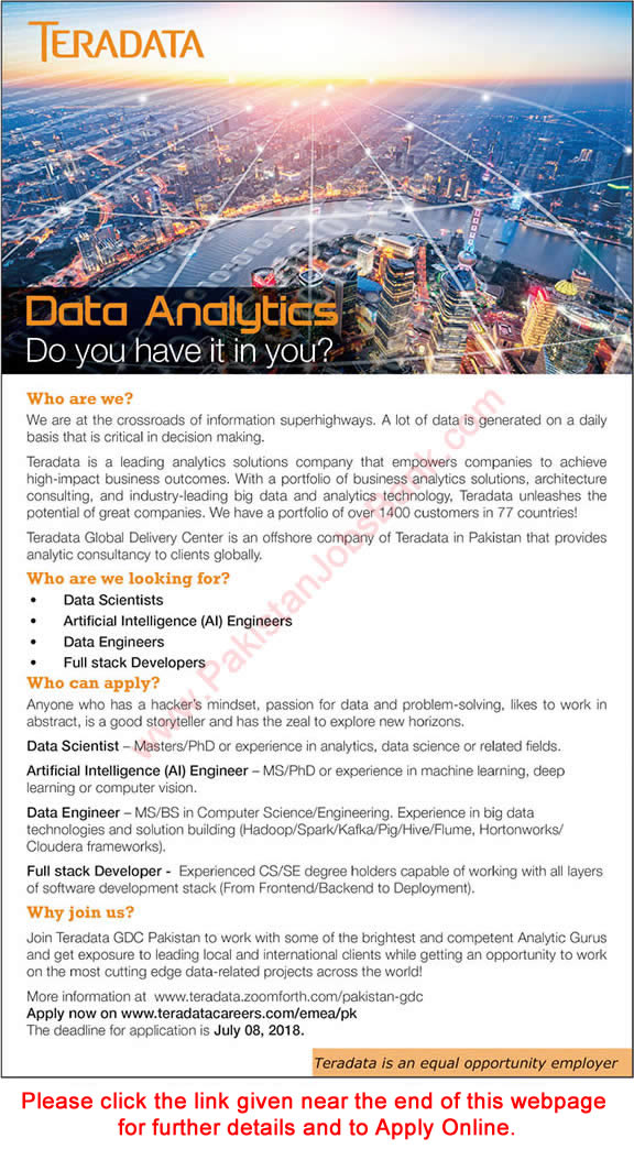 Teradata Pakistan Jobs 2018 June Apply Online Data Scientists / Engineers, AI Engineers & Full Stack Developers Latest