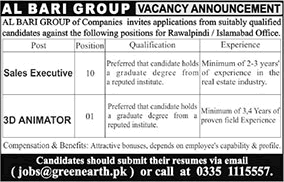 Al Bari Group of Companies Islamabad / Rawalpindi Jobs June 2018 Sales Executives & 3D Animator Latest