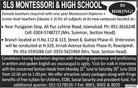 SLS Montessori and High School Islamabad / Rawalpindi Jobs 2018 June Female Teachers Latest