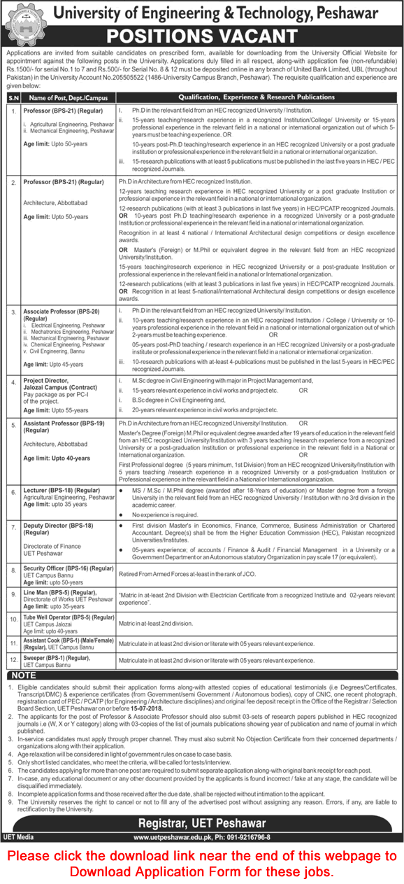 UET Peshawar Jobs June 2018 Application Form Teaching Faculty & Others Latest