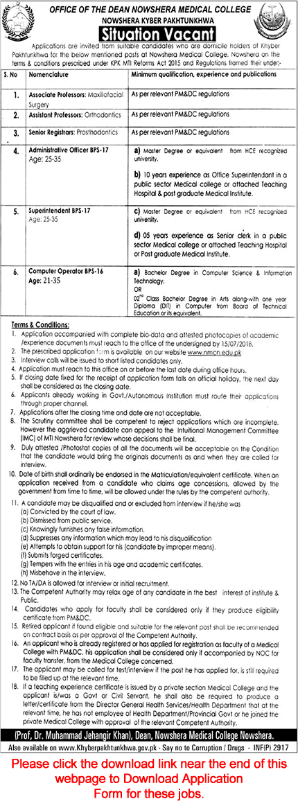 Nowshera Medical College Jobs July 2018 Application Form Teaching Faculty & Others Latest