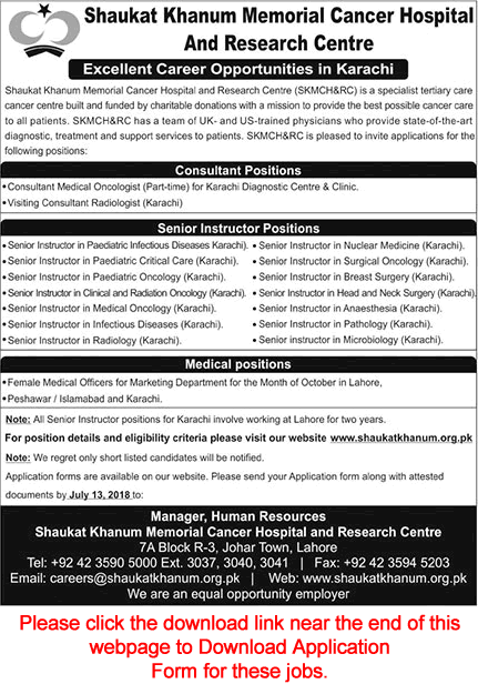 Shaukat Khanum Hospital Jobs July 2018 Application Form Instructors, Medical Officers & Consultants Latest