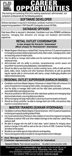 Chip Training and Consulting Jobs 2018 July Retail Outlet Coordinator, Software Developer & Others Latest