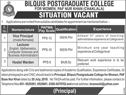 Bilquis Postgraduate College for Women Rawalpindi Jobs July 2018 Lecturers & Others Latest
