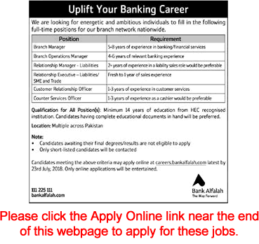 Bank Alfalah Jobs July 2018 Apply Online Counter Services Officers, Branch Managers & Others Latest