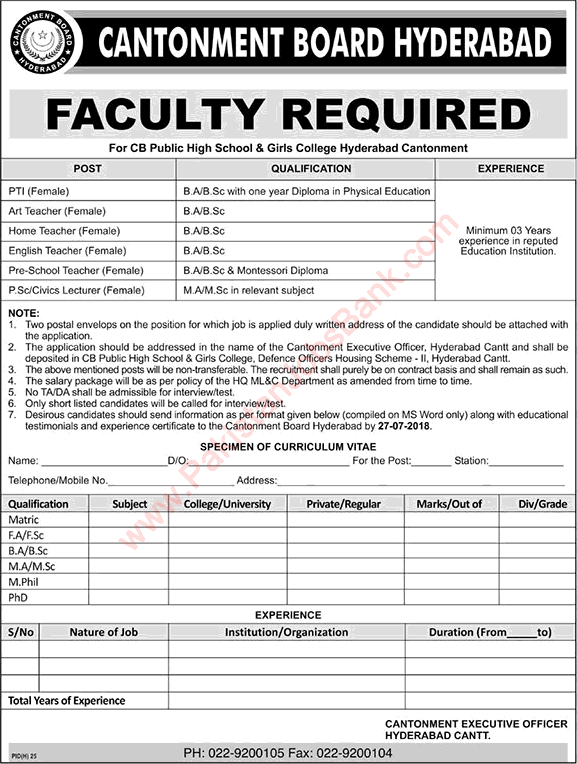 Cantonment Board Public High School & Girls College Hyderabad Jobs 2018 July Teachers & PTI Latest