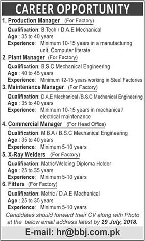 BBJ Pipe Industries Limited Pakistan Jobs 2018 July Production Managers & Others Latest