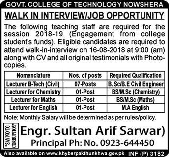 Government College of Technology Nowshera Jobs 2018 August Teaching Faculty Latest