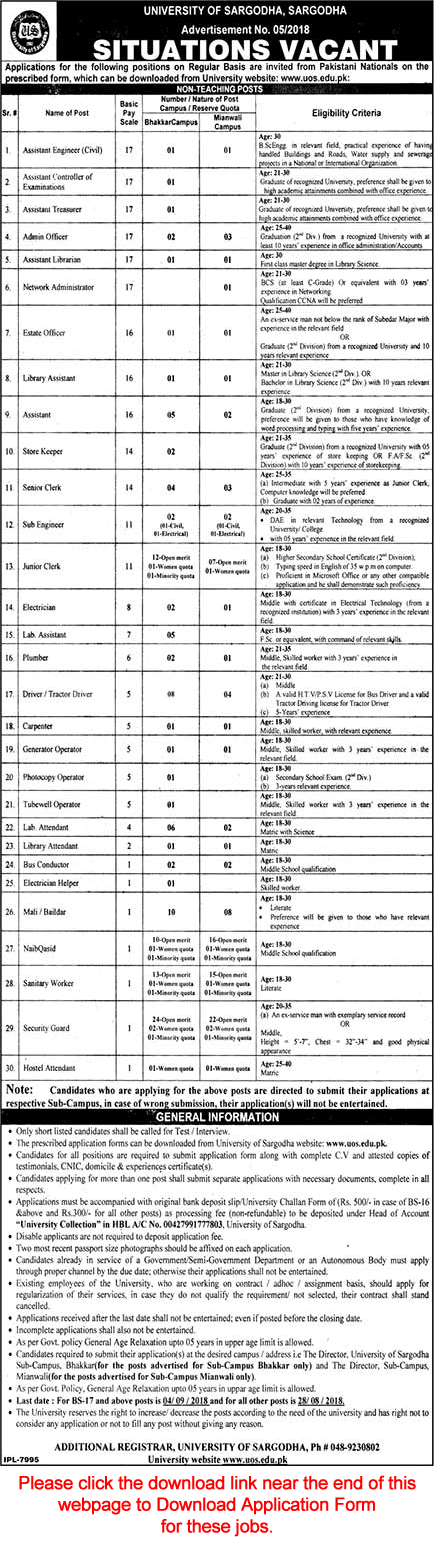 University of Sargodha Jobs August 2018 Bhakkar / Mianwali Campus Application Form Download Latest