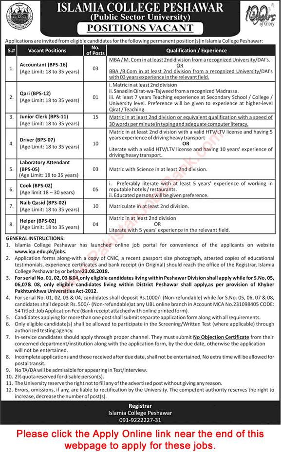 Islamia College Peshawar Jobs 2018 August Apply Online Clerks, Drivers, Naib Qasid & Others Latest