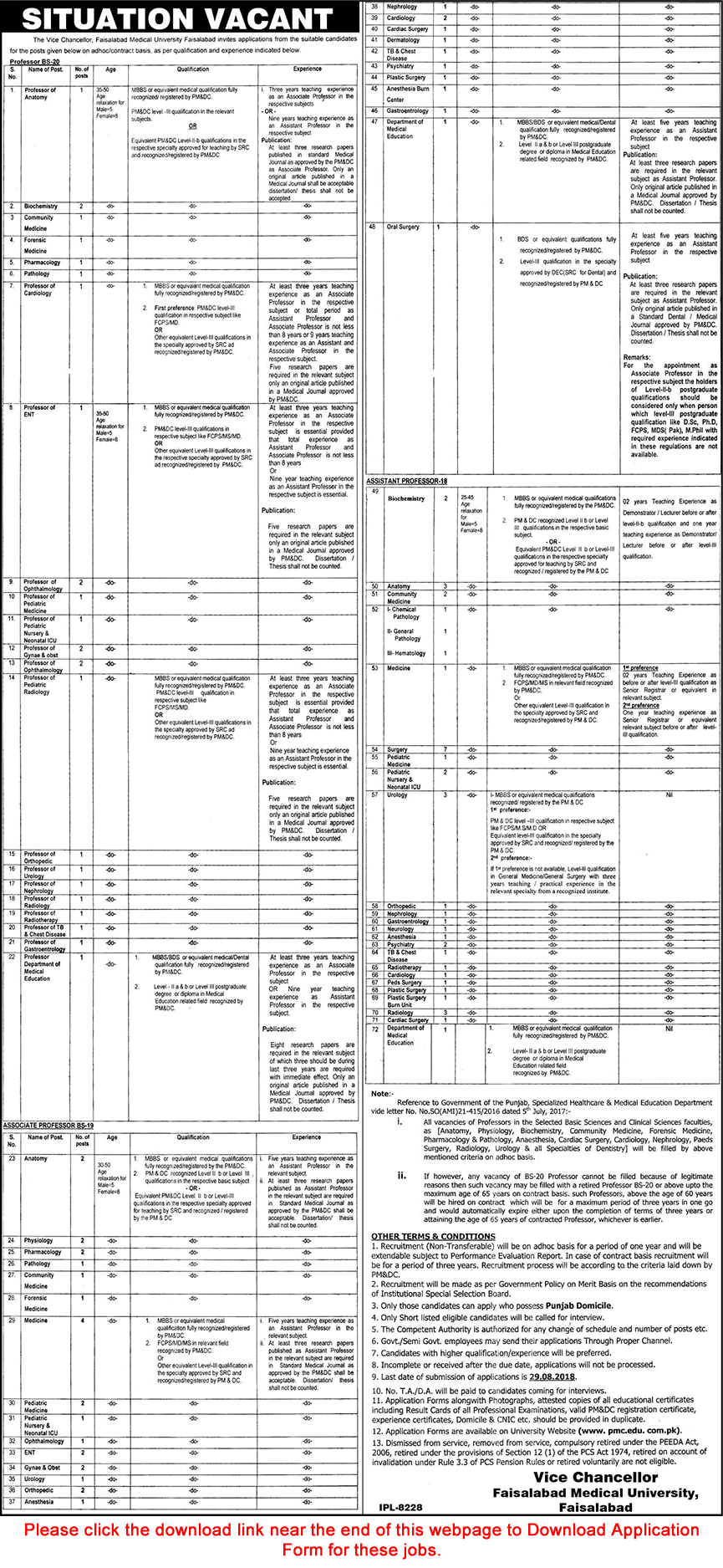 Faisalabad Medical University Jobs 2018 August Application Form Teaching Faculty Latest