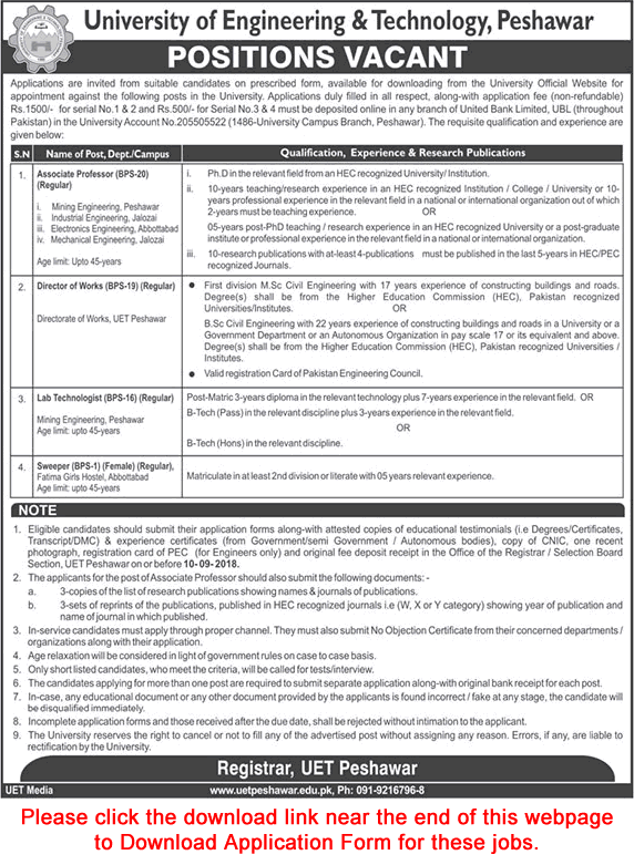 UET Peshawar Jobs August 2018 Application Form Latest
