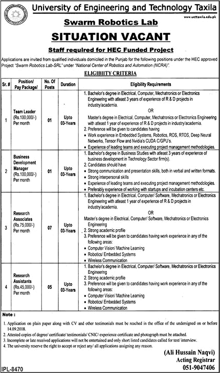 UET Taxila Jobs August 2018 Research Associates / Assistants & Others Swarm Robotics Lab Project Latest