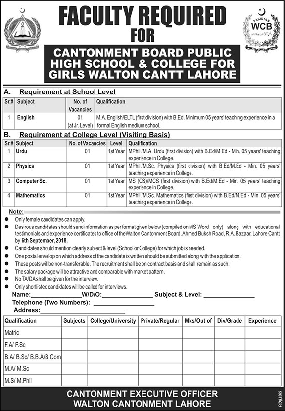 Cantonment Board Public High School and College for Girls Lahore Jobs August / September 2018 CB Latest