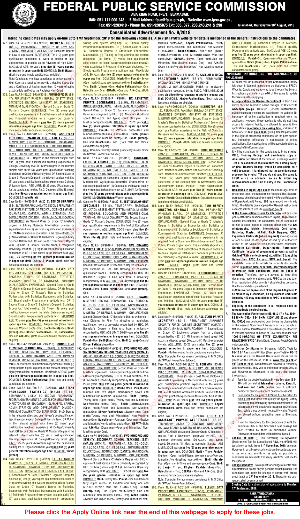 Pakistan Bureau of Statistics Jobs 2018 September FPSC Online Apply PBS Latest