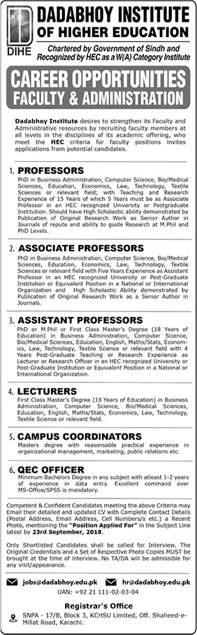 Dadabhoy Institute of Higher Education Karachi Jobs September 2018 Teaching Faculty & Others DIHE Latest