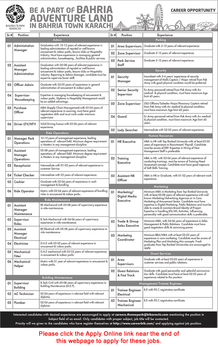 Bahria Town Karachi Jobs September 2018 Adventure Land Park Apply Online Latest