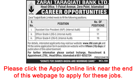 Internal Auditor Jobs in ZTBL September 2018 Apply Online Officer Grade-I / II & Assistant Vice Presidents Latest