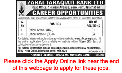 ZTBL Jobs September 2018 Apply Online Officer Grade-I & OG-II Latest