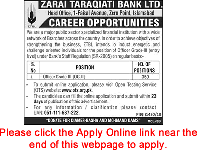 ZTBL Jobs September 2018 October OTS Online Apply Officer Grade-III / OG-3 Latest Advertisement