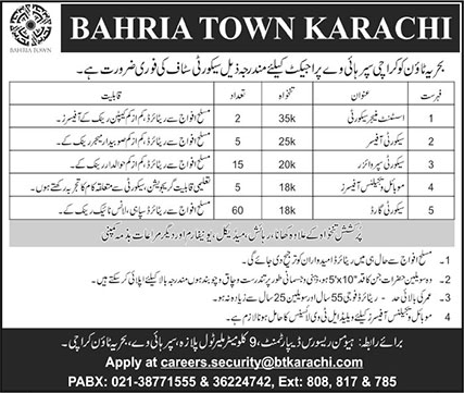Bahria Town Karachi Jobs November 2018 Security Guards / Supervisors / Officers Latest