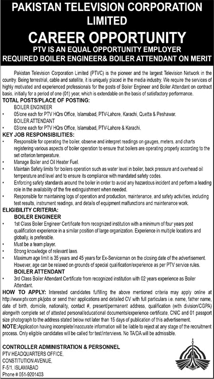 Boiler Engineer / Attendant Jobs in Pakistan November 2018 in PTV Latest