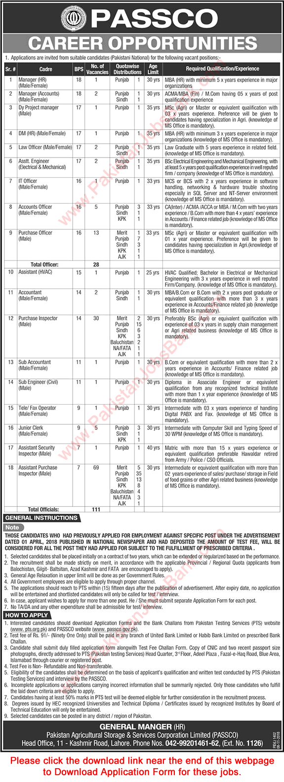PASSCO Jobs 2018 November PTS Application Form Pakistan Agricultural Storage and Services Corporation Latest