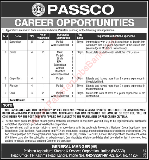 PASSCO Jobs 2018 November Drivers, Supervisors, Cooks, Carpenter & Plumber Latest