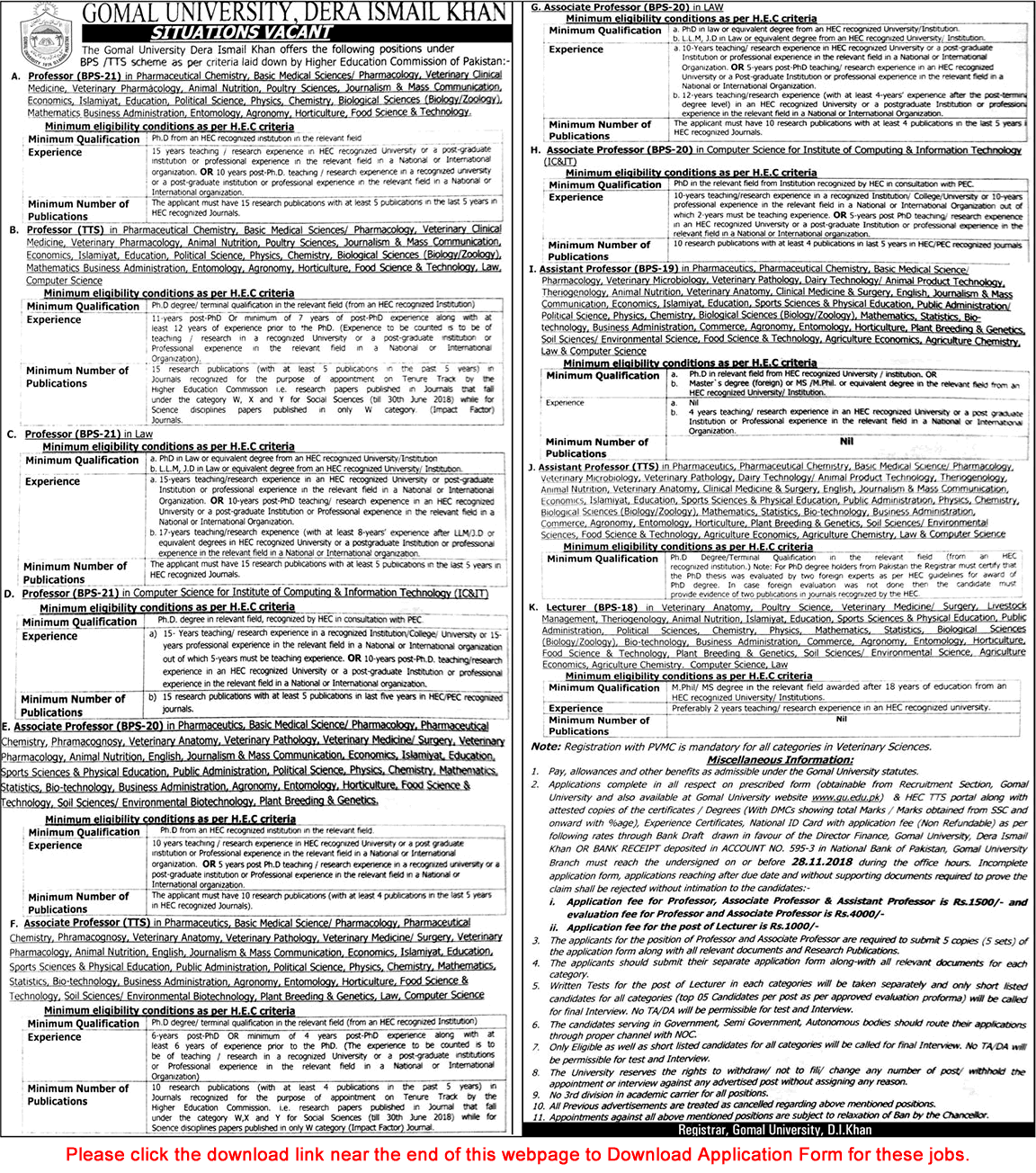 Gomal University Jobs November 2018 Dera Ismail Khan Application Form Teaching Faculty Latest