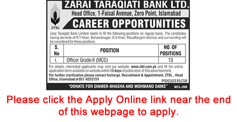 ZTBL Jobs November 2018 Apply Online Officer Grade-II Zarai Taraqiati Bank Limited Latest