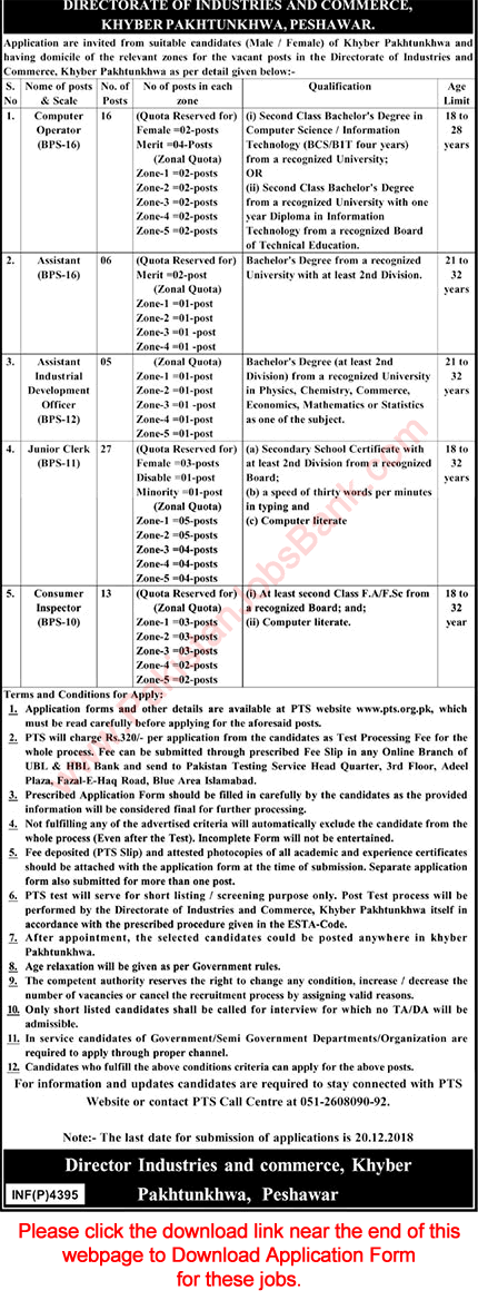 Directorate of Industries and Commerce KPK Jobs 2018 November PTS Application Form Clerks, Computer Operators & Others Latest