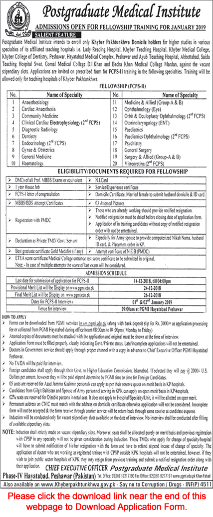 Postgraduate Medical Institute (PGMI) Peshawar Fellowship Training 2019 FCPS-II Latest