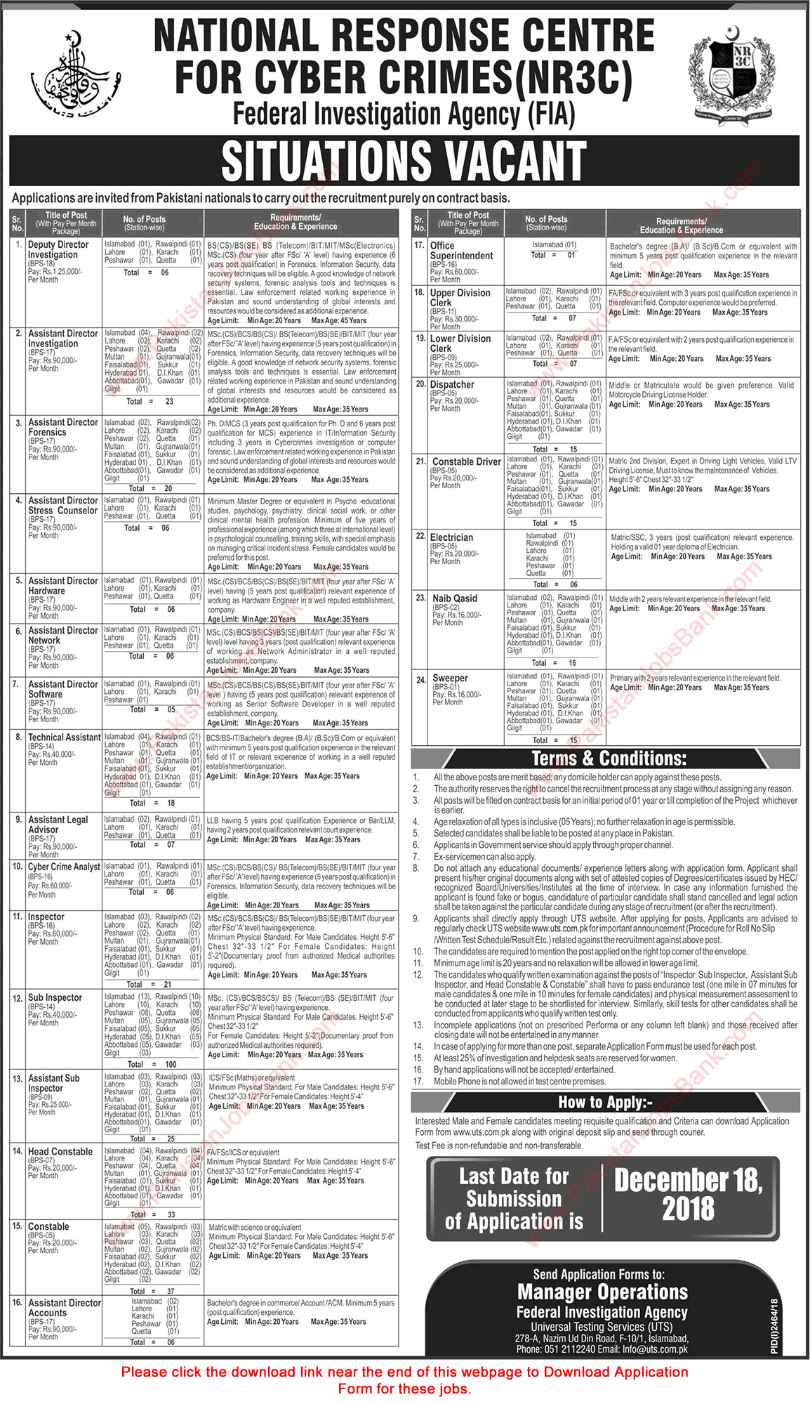 FIA Jobs December 2018 UTS Application Form NR3C Pakistan Latest