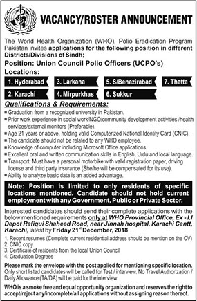 Union Council Polio Officer (UCPO) Jobs in WHO Sindh December 2018 Polio Eradication Initiative Pakistan Latest