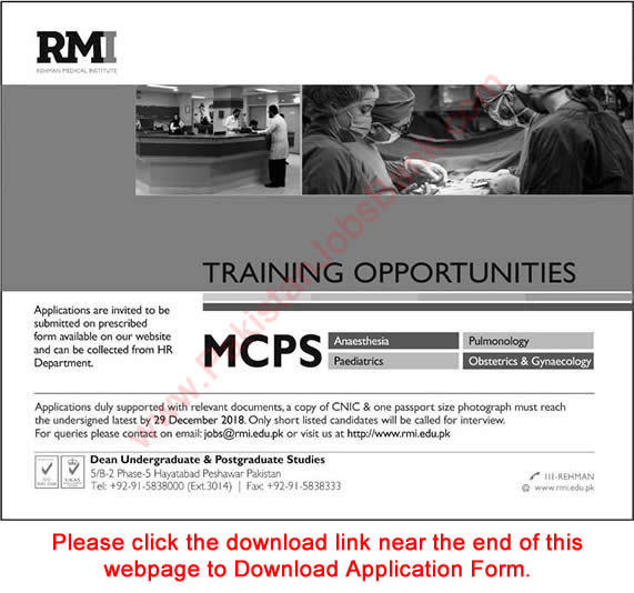 RMI Peshawar MCPS Training 2019 Application Form Rehman Medical Institute Latest