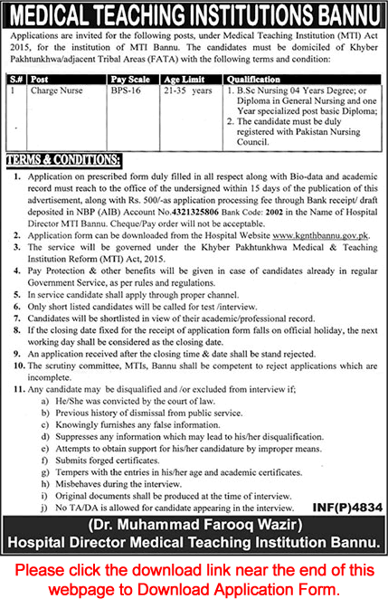 Nurse Jobs in MTI Bannu December 2018 Application Form Medical Teaching Institutions Latest
