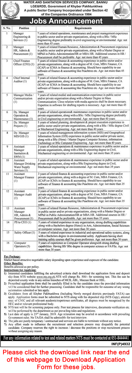 WSSC Bannu Jobs December 2018 NTS Application Form Computer Operators & Others Latest
