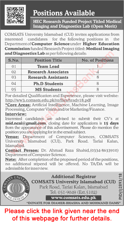 COMSATS University Islamabad Jobs December 2018 Research Assistant / Associates & Others Latest