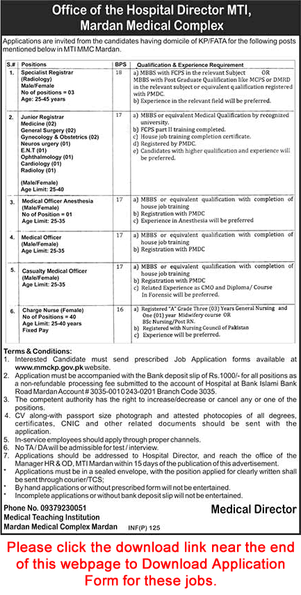 Mardan Medical Complex Jobs 2019 Application Form Nurses, Medical Officers & Others MTI Latest