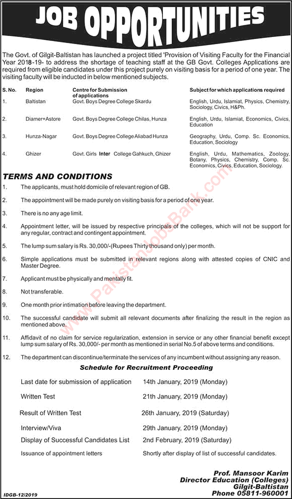 Education Department Gilgit Baltistan Jobs 2019 Teaching Faculty Latest