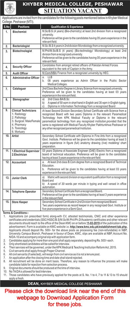 Khyber Medical College Peshawar Jobs 2019 Application Form Clinical Technicians, Clerks & Others MTI Latest