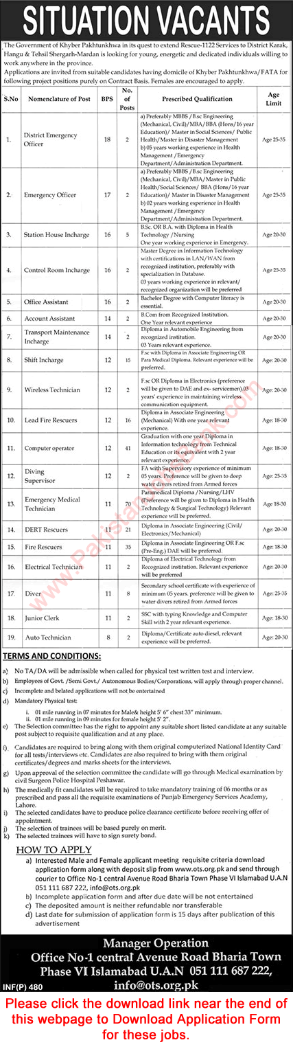 Rescue 1122 KPK Jobs 2019 January / February OTS Application Form Emergency Medical Technicians & Others Latest