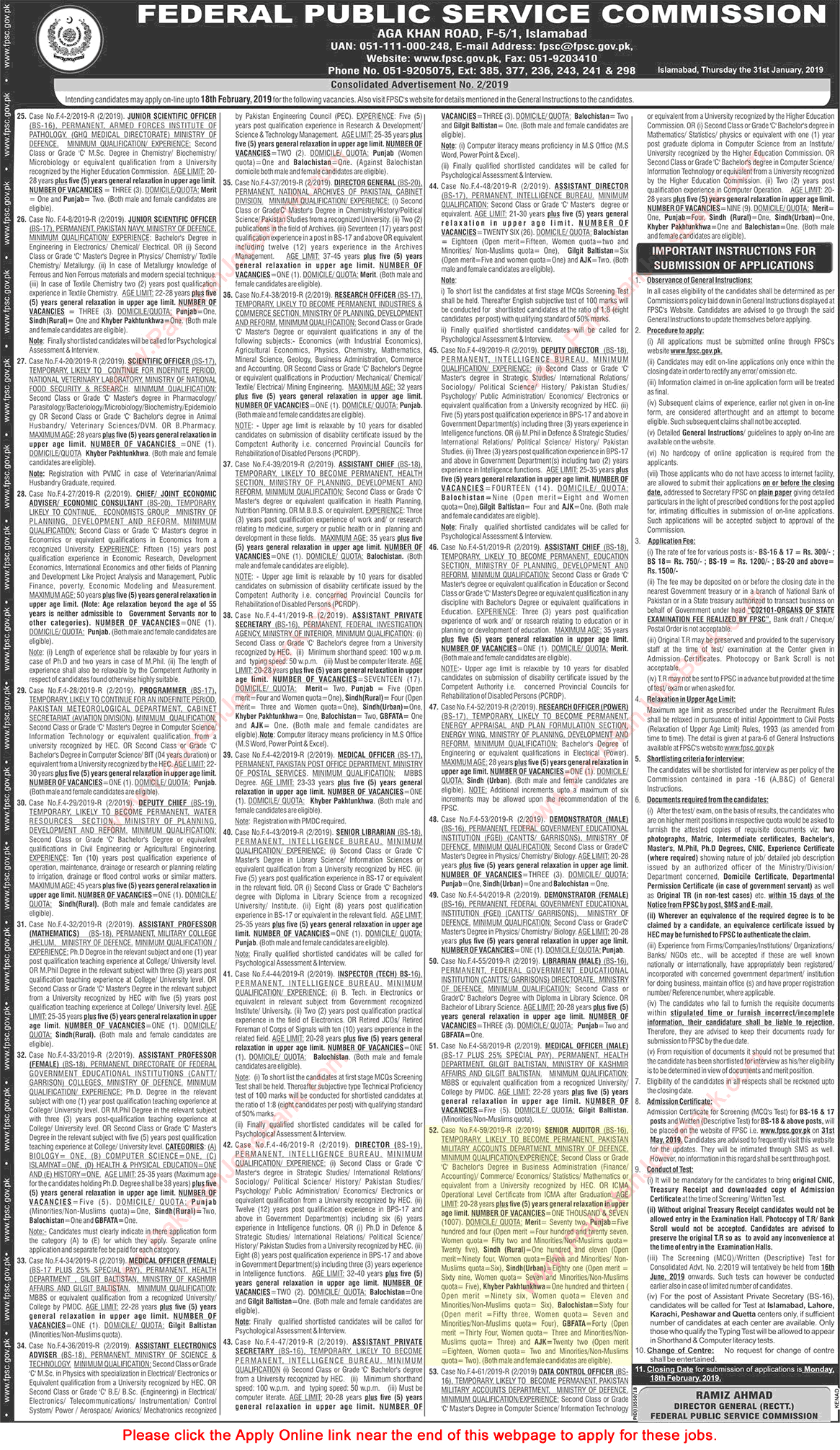 Senior Auditor Jobs in Pakistan Military Accounts Department 2019 February FPSC Online Apply Latest