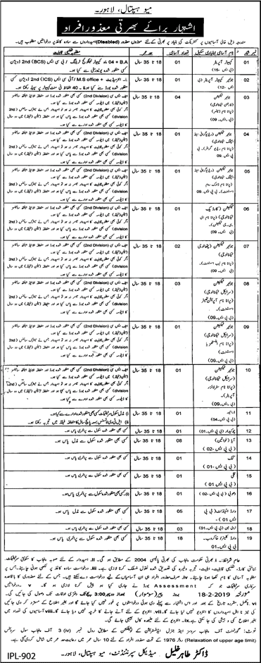 Mayo Hospital Lahore Jobs February 2019 Medical Technicians, Ward Cleaner & Others Latest