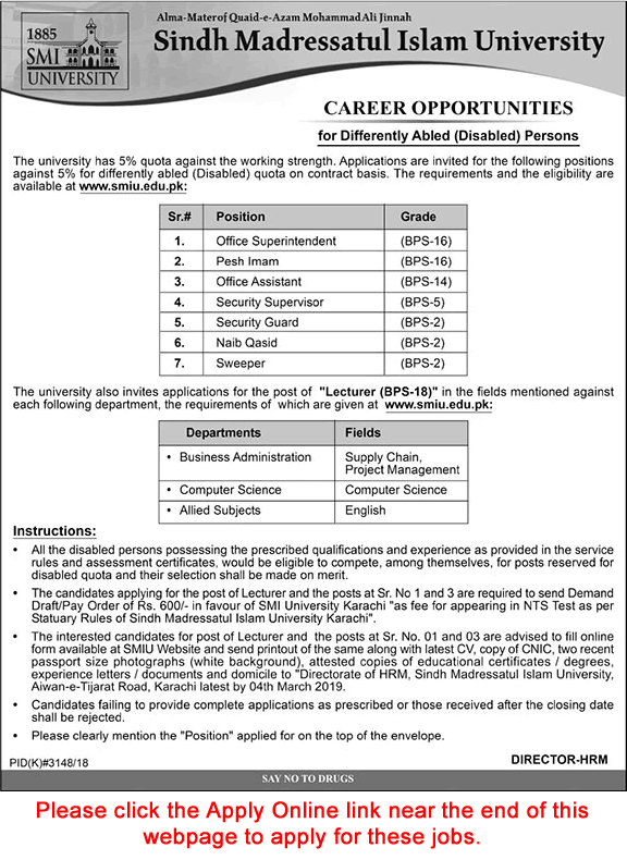 Sindh Madressatul Islam University Karachi Jobs 2019 February Apply Online Lecturers & Others Disabled Quota Latest