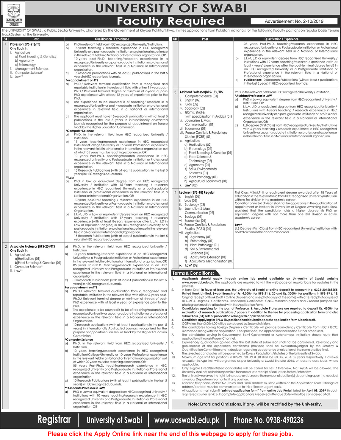 University of Swabi Jobs 2019 March Apply Online Teaching Faculty UOS Latest