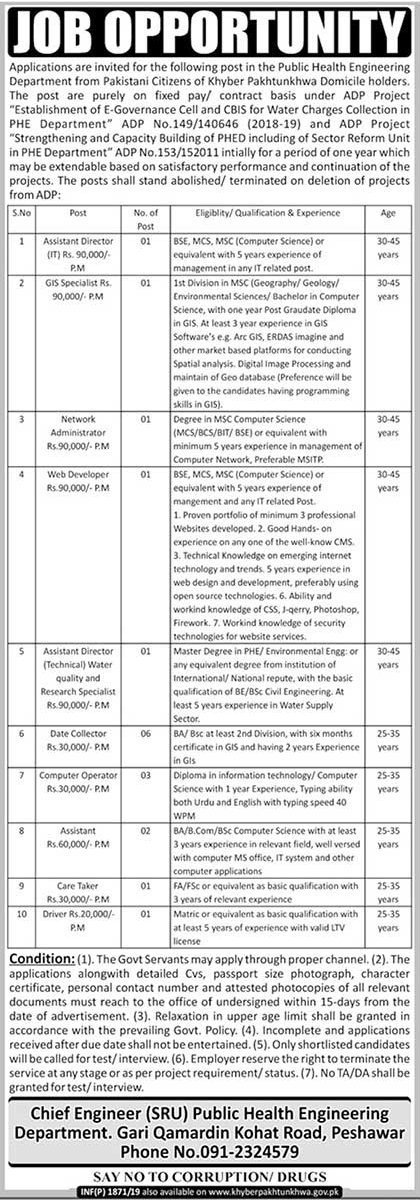 Public Health Engineering Department KPK Jobs April / May 2019 Peshawar Latest