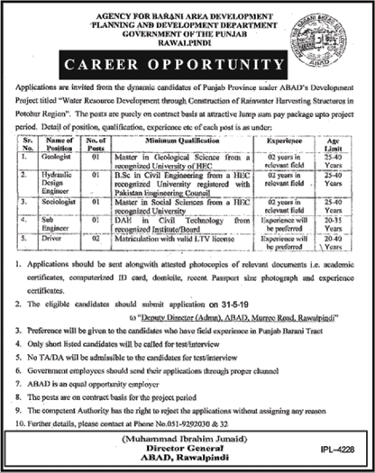 Agency for Barani Area Development Rawalpindi Jobs May 2019 Planning and Development Department Punjab Latest