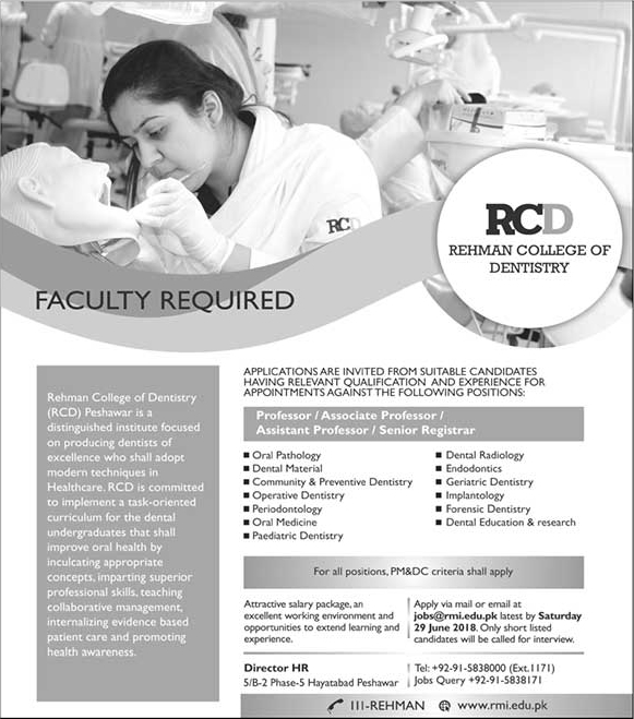 Rehman College of Dentistry Peshawar Jobs June 2019 Teaching Faculty Rehman Medical Institute RMI Latest