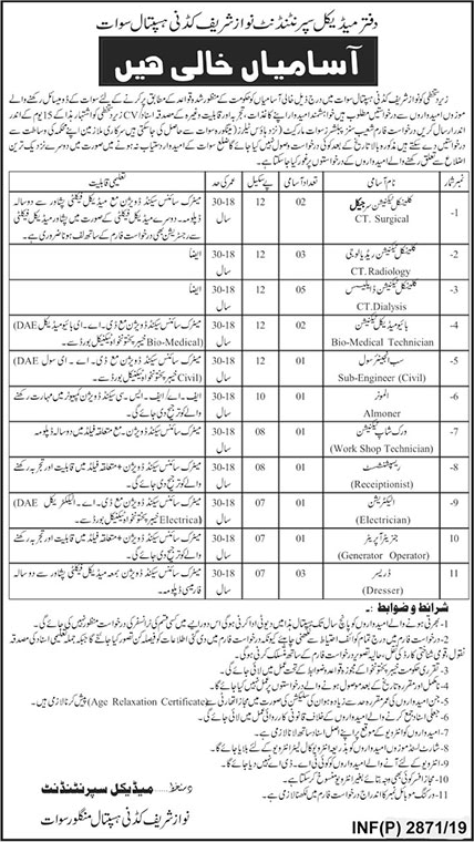 Nawaz Sharif Kidney Hospital Swat Jobs 2019 July Clinical Technicians & Others Latest